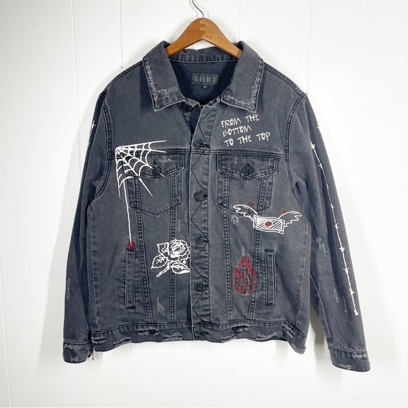 THRT Embroidered and Painted Black Denim Jacket Medium - Picture 1 of 9